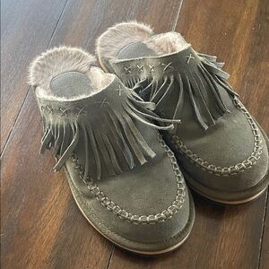 Free People Olive Green Suede Fringe Shearling Clog Mules